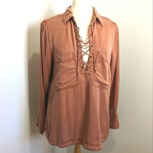 Free People Pink Terracotta Lace Up Long Sleeve Top M Camp Style Safari